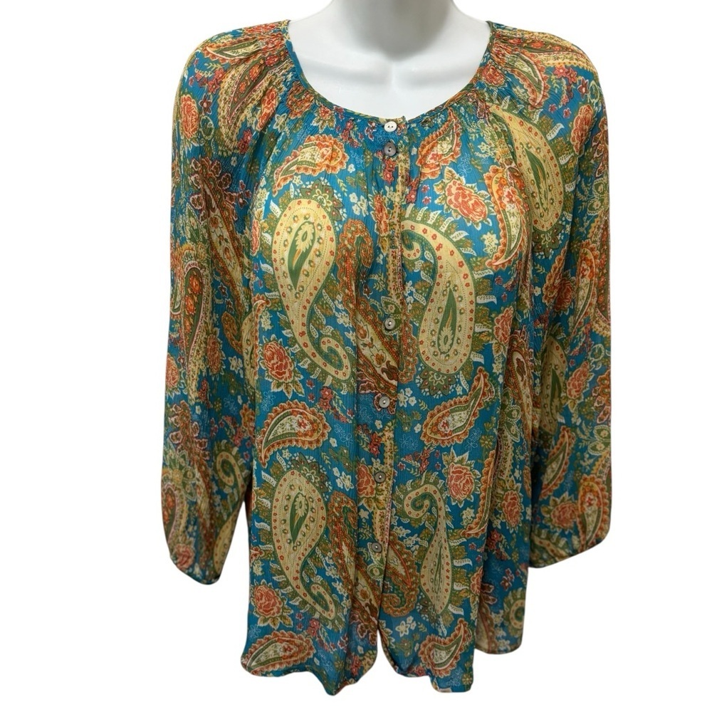 Sundance Pullover 100% SILK Sheer Paisley Peasant Top Sz L Smocked Neck Billowy